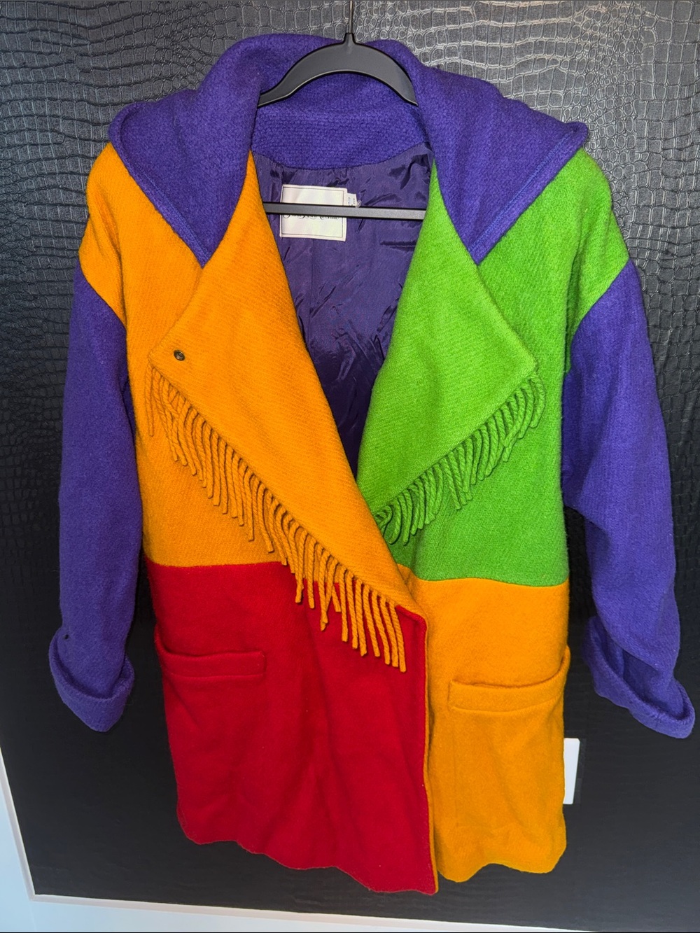 Saks Fifth Avenue Colorblock Fringe Pea Coat in Purple, Orange, Green & Red